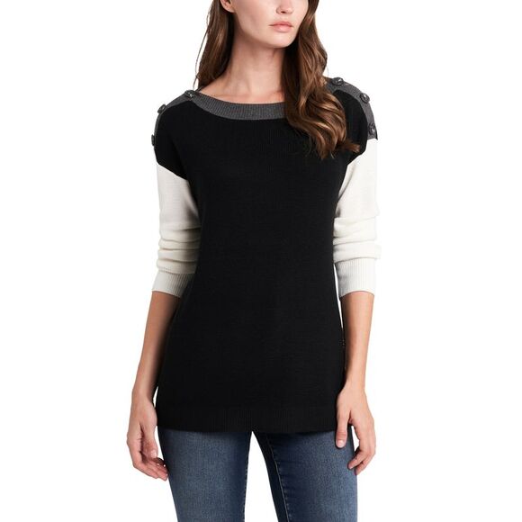 VINCE CAMUTO Sweaters - VINCE CAMUTO Womens Black Button Detail Sides Long Sleeve Boat Neck Sweater XXL